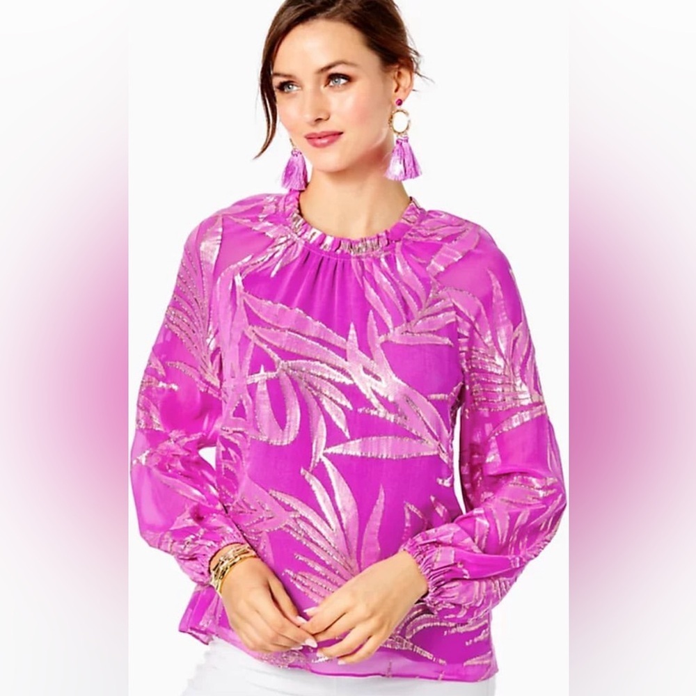 NWT Lilly Pulitzer Caline Silk Top Sz XS in Palm Leaf Silk Clip